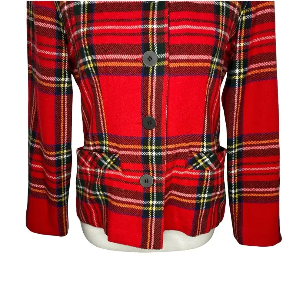 Vtg NY&CO Tartan Plaid Blazer Red Wool Blend Jacket Size Small Y2K 90s Holiday